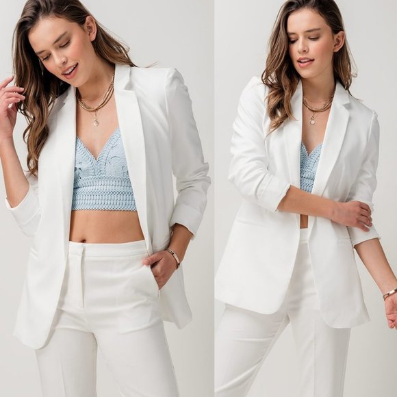 NEW Classic Collar Mid Length Side Pocket Open Front Cardigan Long Blazer Ivory - Picture 10 of 10